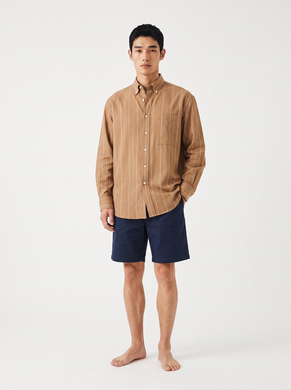 Brown & White Yarn-Dyed Linen-Cotton Stripe Button-Down Shirt