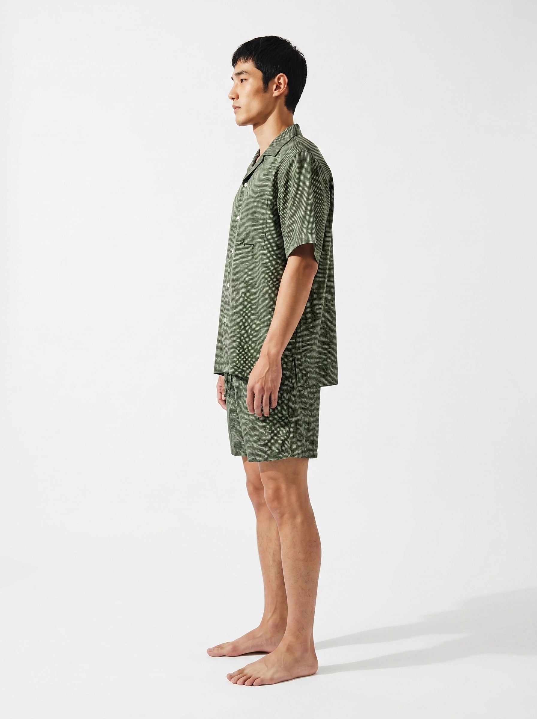 Olive Micro Print Cotton Silk Shirt
