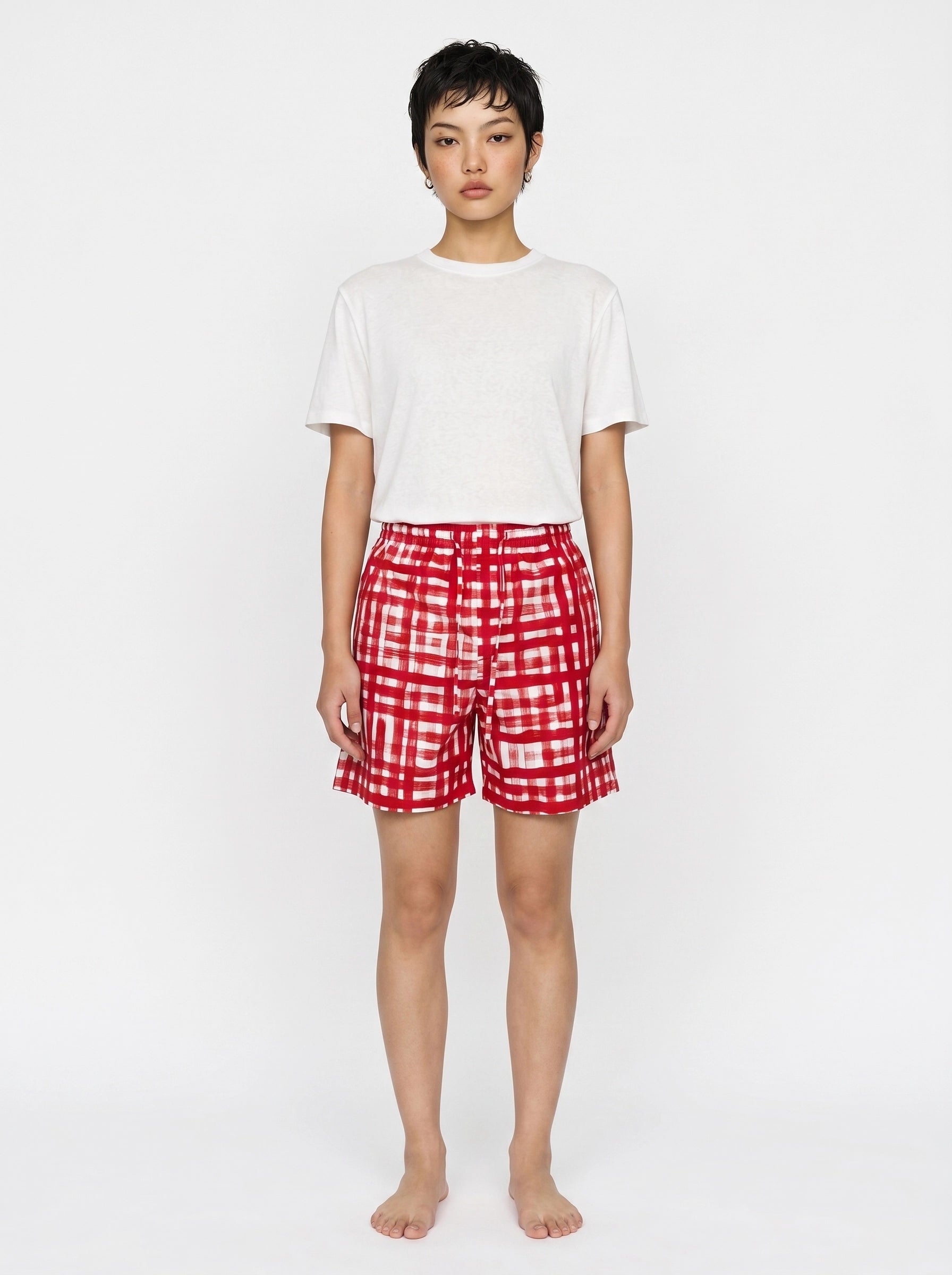 Red Check Print Cotton Shorts