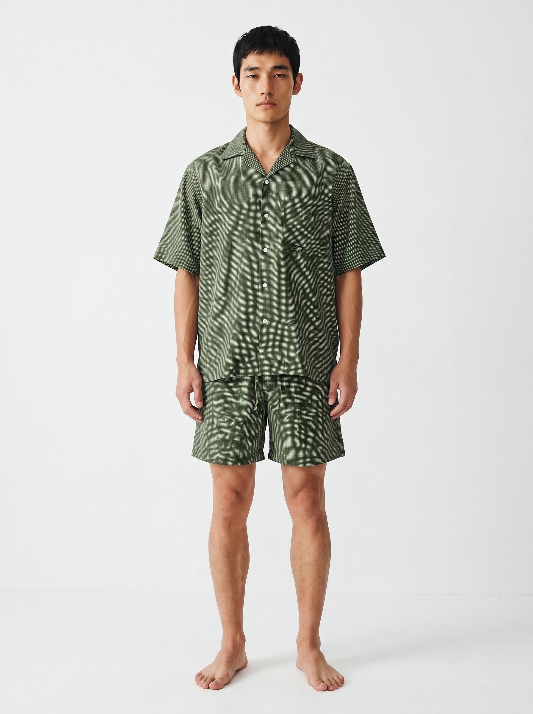 Olive Micro Print Cotton Silk Shirt