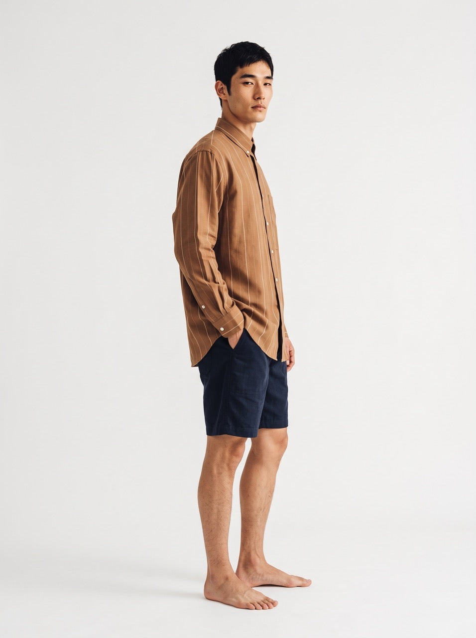 Brown & White Yarn-Dyed Linen-Cotton Stripe Button-Down Shirt