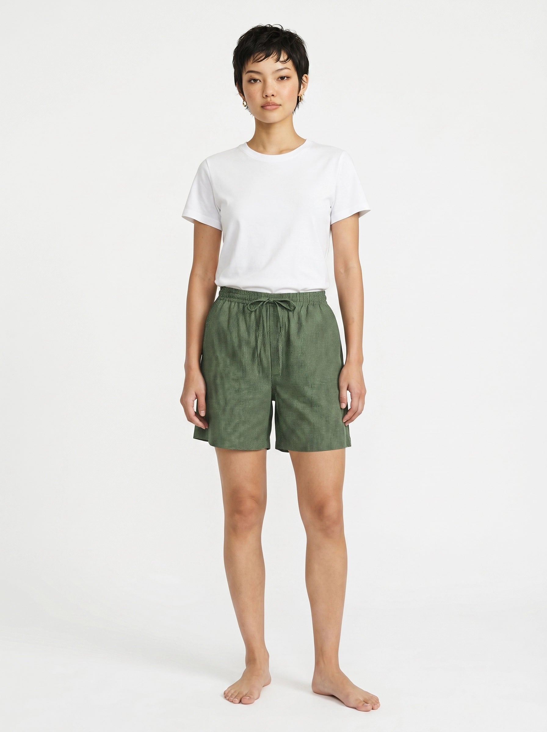 Olive Micro Print Cotton Silk Shorts