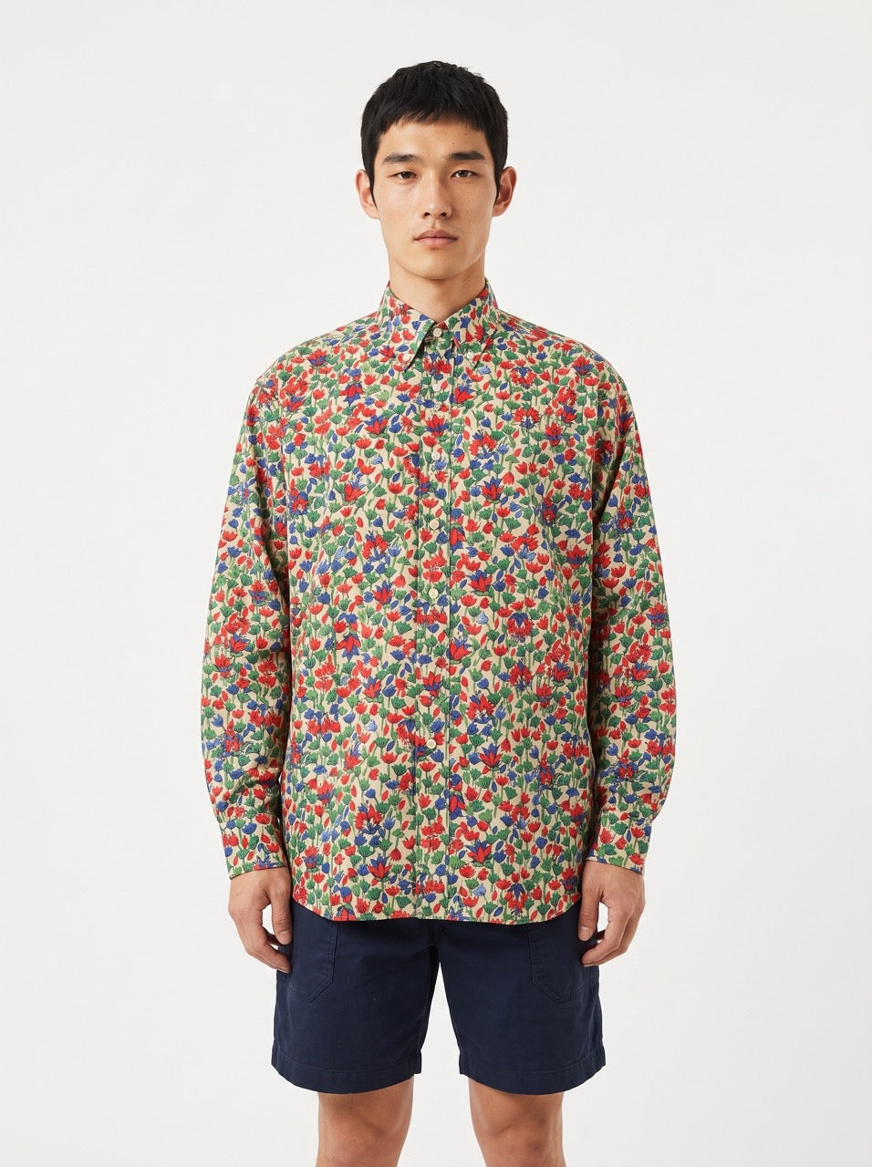 Cotton Silk Floral Print Button-Down Shirt