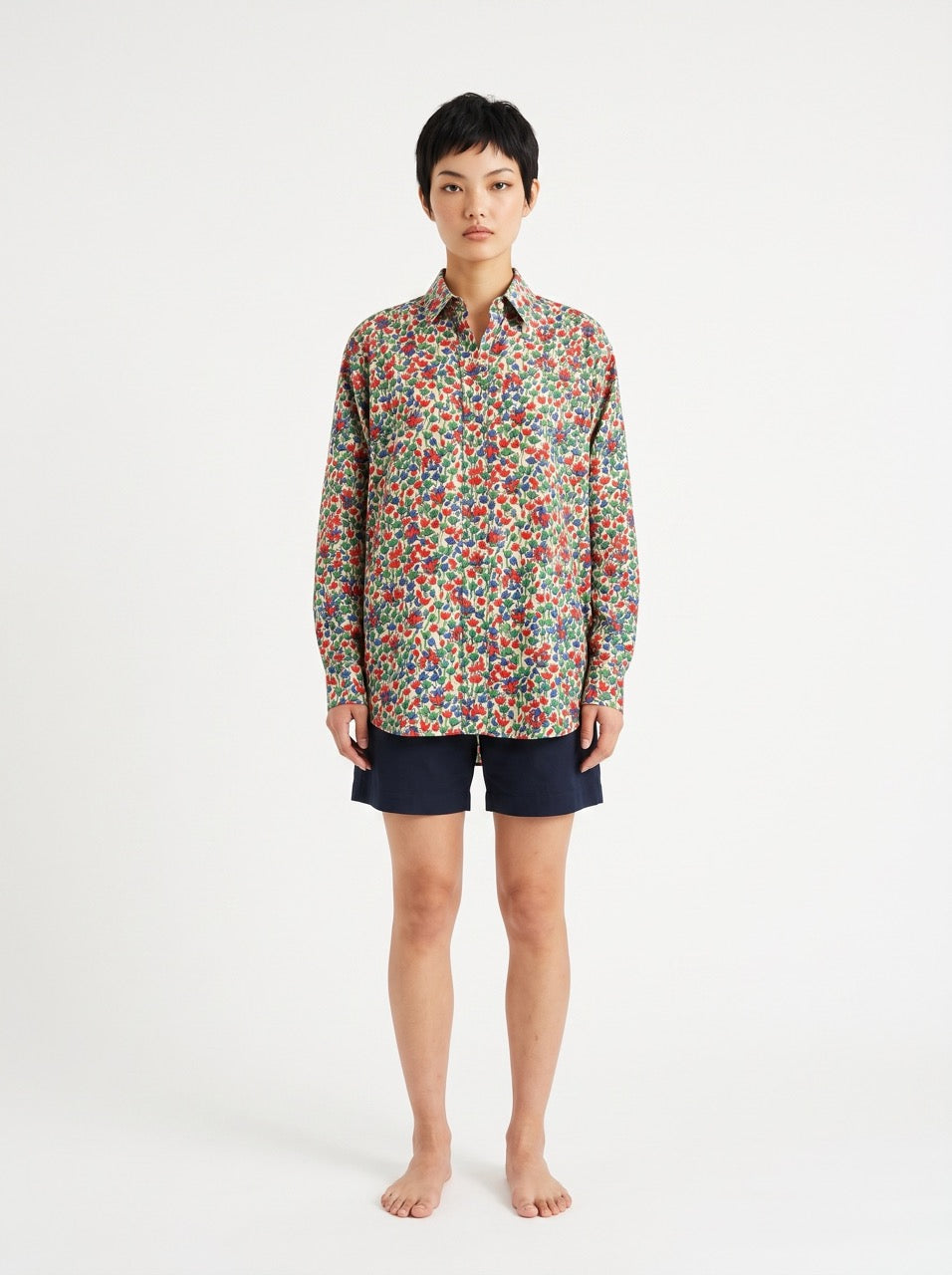 Cotton Silk Floral Print Button-Down Shirt