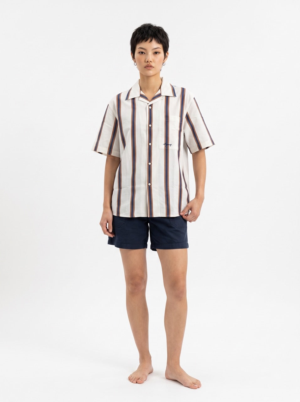 Blue & Brown Yarn-Dyed Stripe Cotton Cuban Collar Shirt
