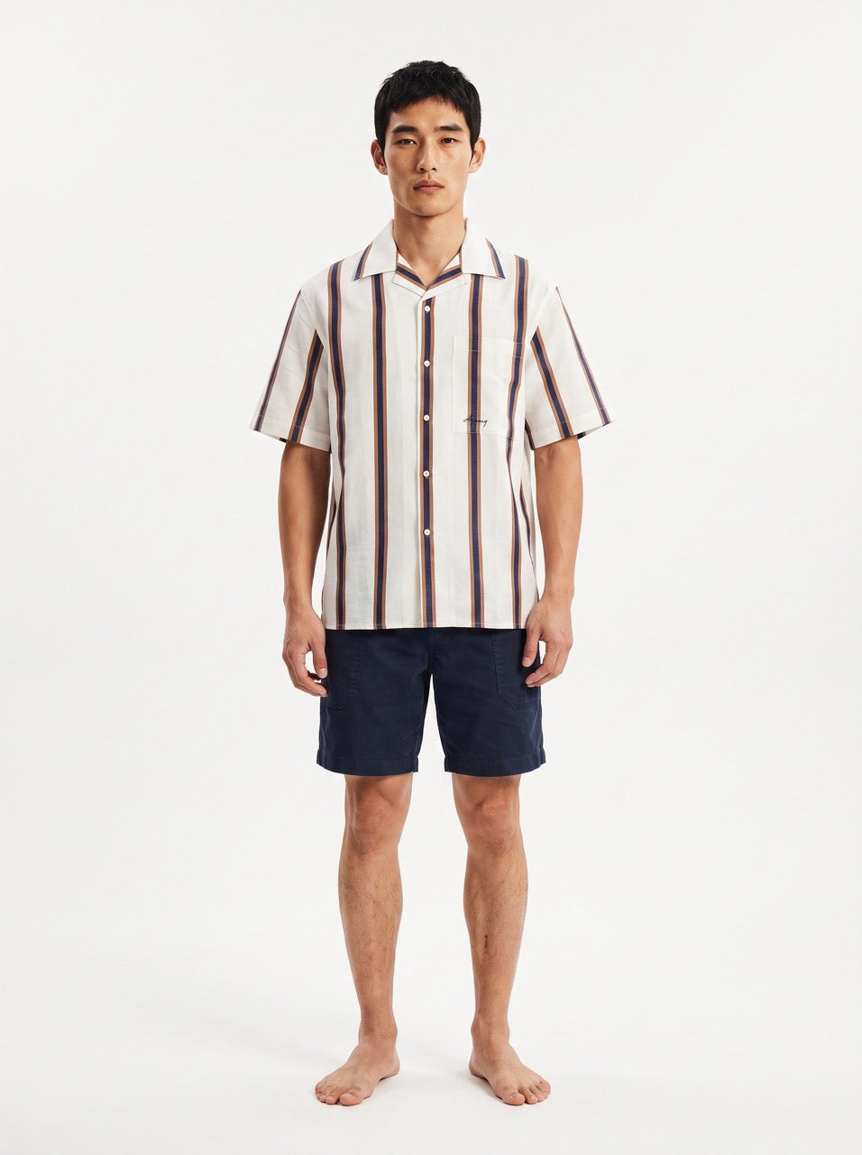 Blue & Brown Yarn-Dyed Stripe Cotton Cuban Collar Shirt
