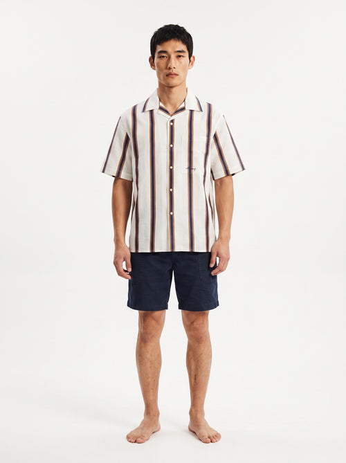 Blue & Brown Yarn-Dyed Stripe Cotton Cuban Collar Shirt