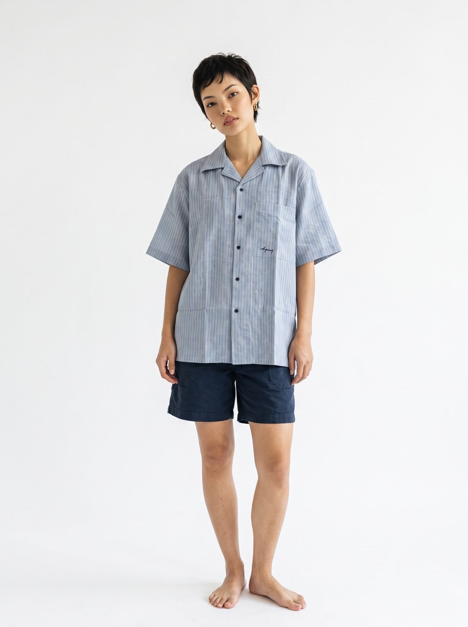 Sky Blue Yarn-Dyed Stripe Cotton Cuban Collar Shirt