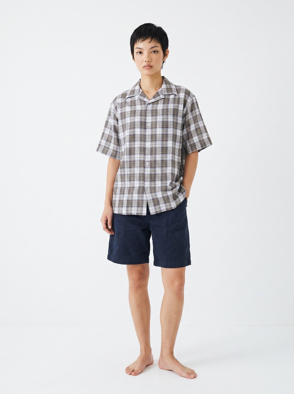 Brown Plaid Cotton Cuban Collar Shirt