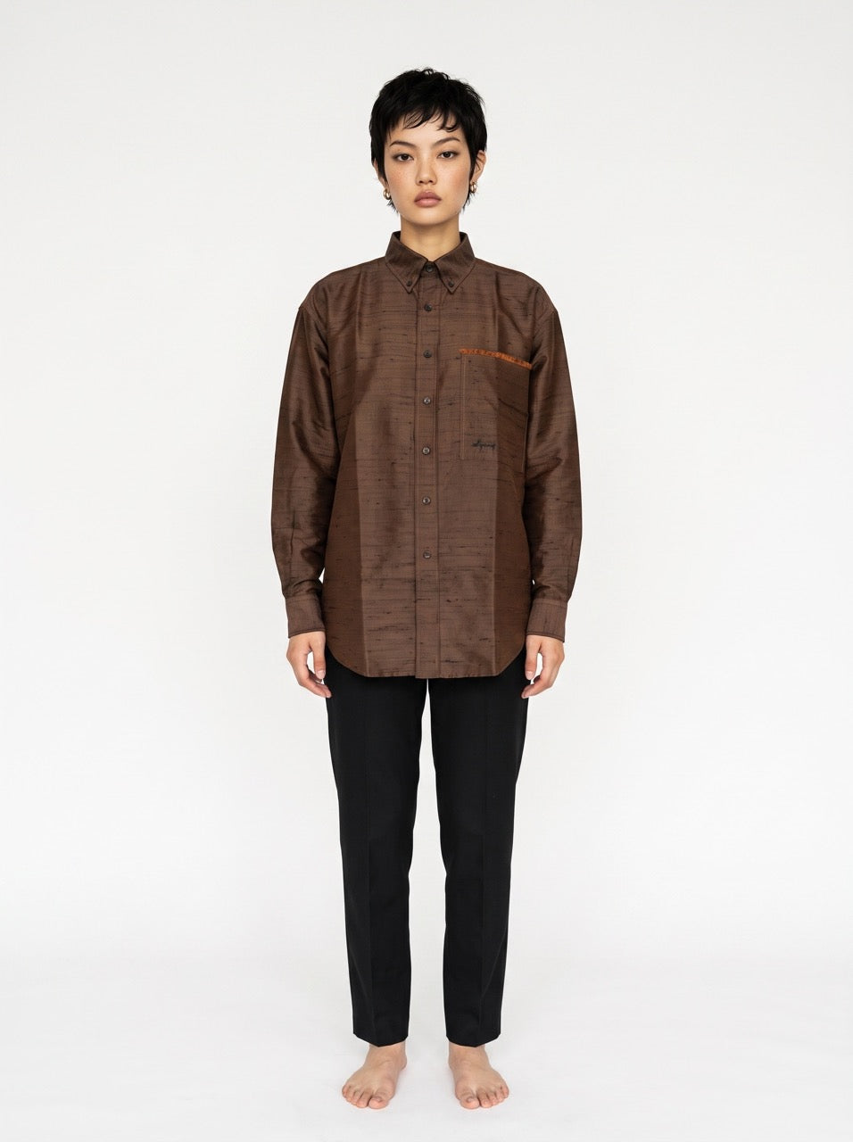 Chocolate Brown Silk Button-Down Shirt