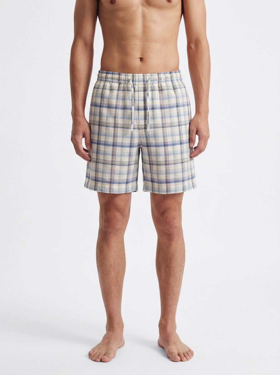 Blue & Beige Plaid Cotton Shorts