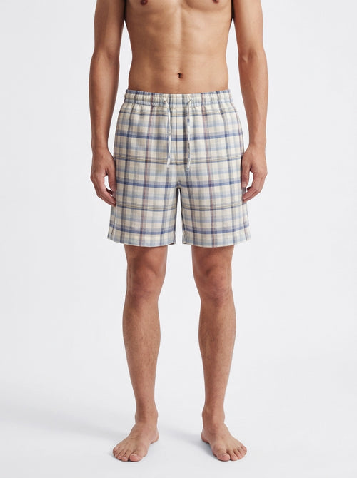 Blue & Beige Plaid Cotton Shorts