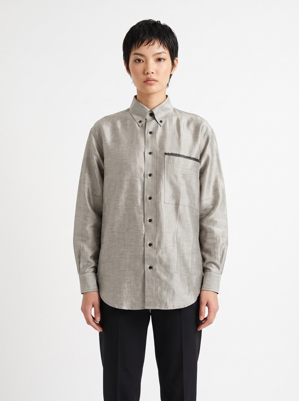 Silver Silk Button-Down Shirt