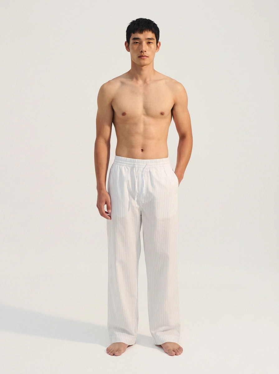 White & Light Blue Striped Cotton Lounge Trousers