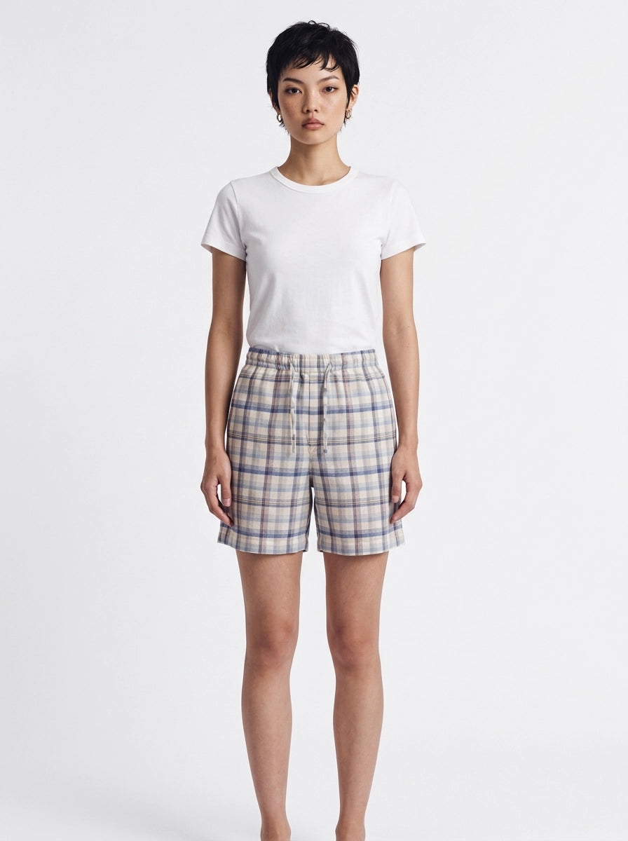 Blue & Beige Plaid Cotton Shorts