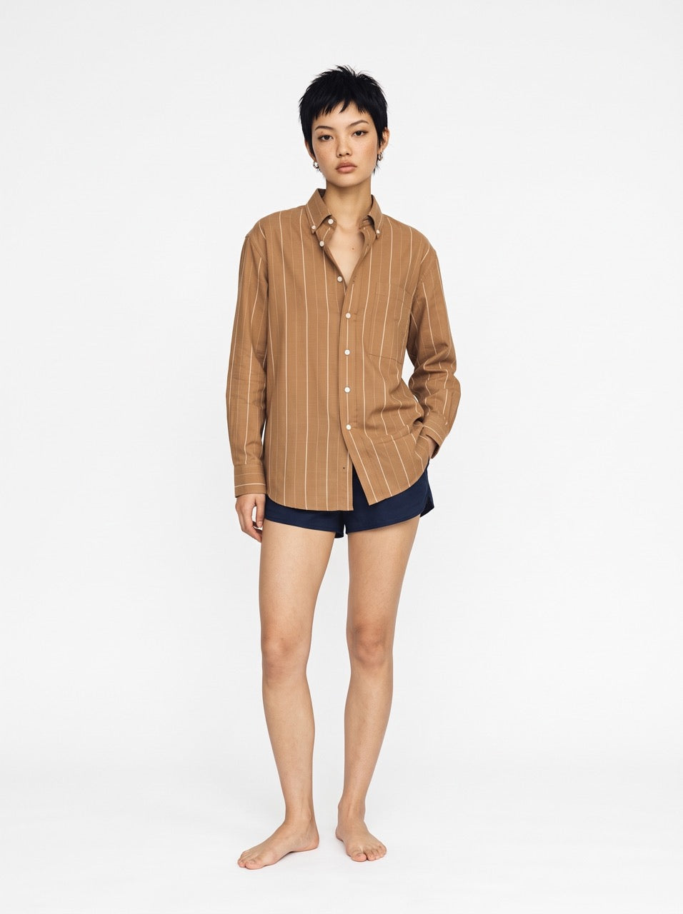Brown & White Yarn-Dyed Linen-Cotton Stripe Button-Down Shirt
