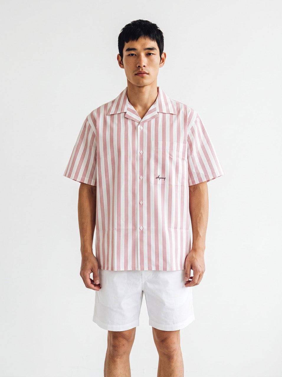 Red Stripe Yarn-Dyed Cotton Cuban Collar Shirt