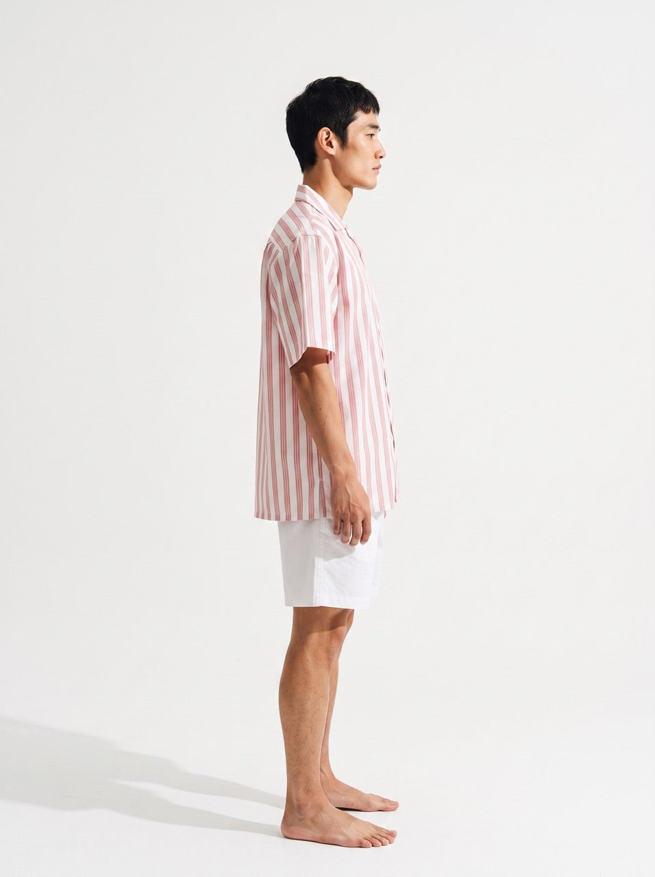 Red Stripe Yarn-Dyed Cotton Cuban Collar Shirt
