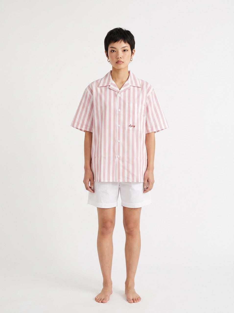 Red Stripe Yarn-Dyed Cotton Cuban Collar Shirt