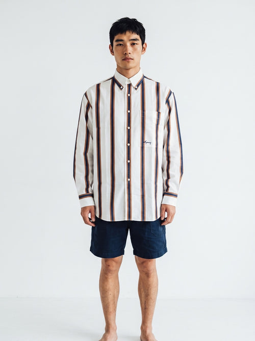 Blue and Brown Stripe Yarn-Dyed Cotton Button-Down Shirt