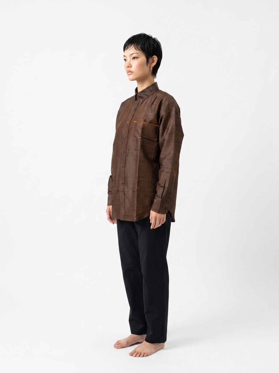Chocolate Brown Silk Button-Down Shirt