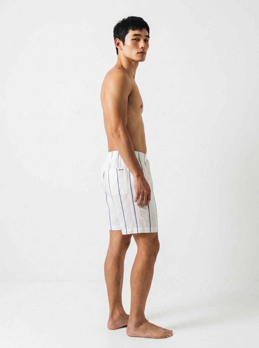 White & Blue Striped Linen Shorts