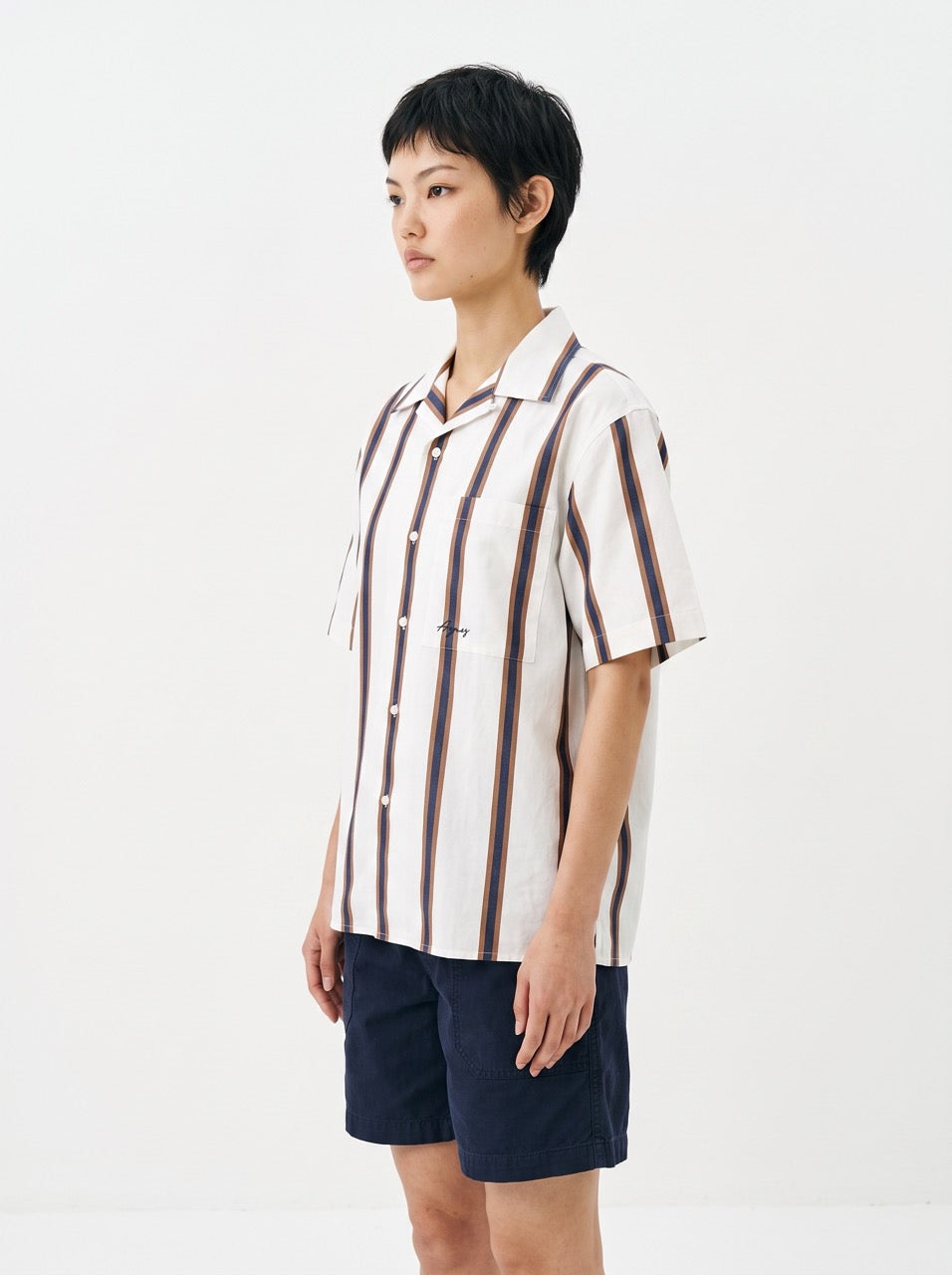 Blue & Brown Yarn-Dyed Stripe Cotton Cuban Collar Shirt