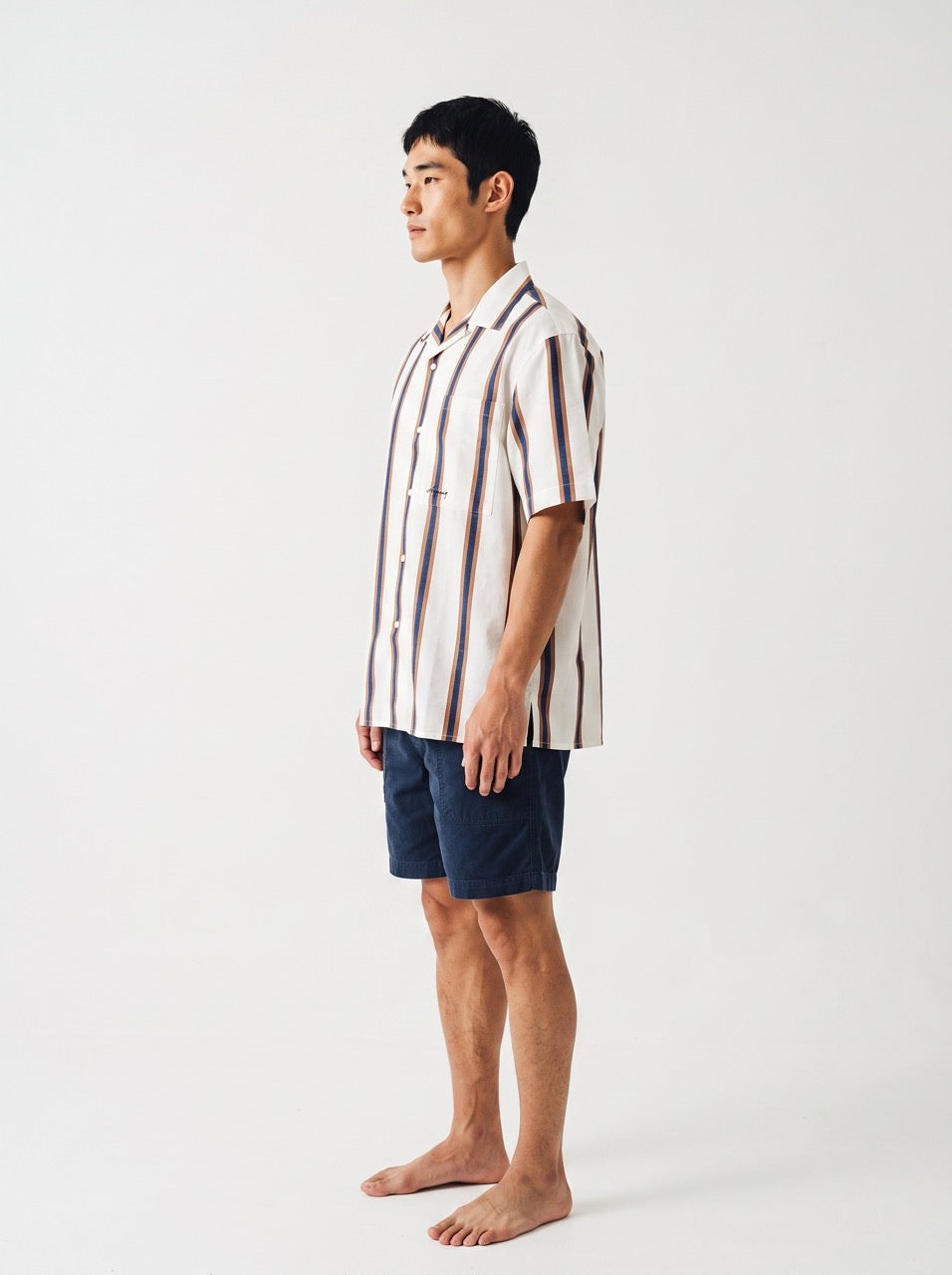 Blue & Brown Yarn-Dyed Stripe Cotton Cuban Collar Shirt