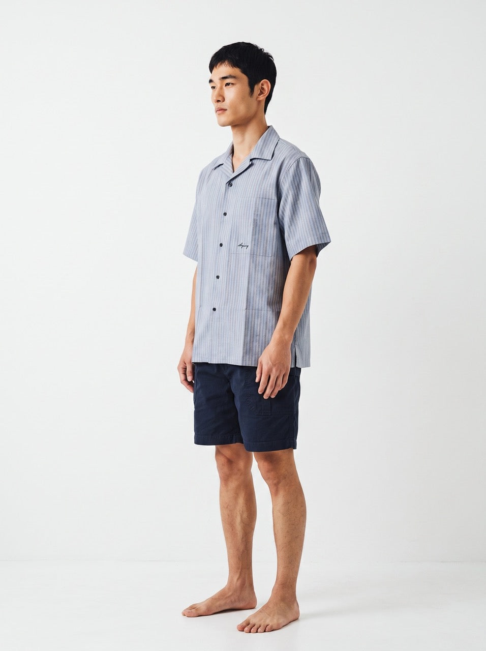 Sky Blue Yarn-Dyed Stripe Cotton Cuban Collar Shirt