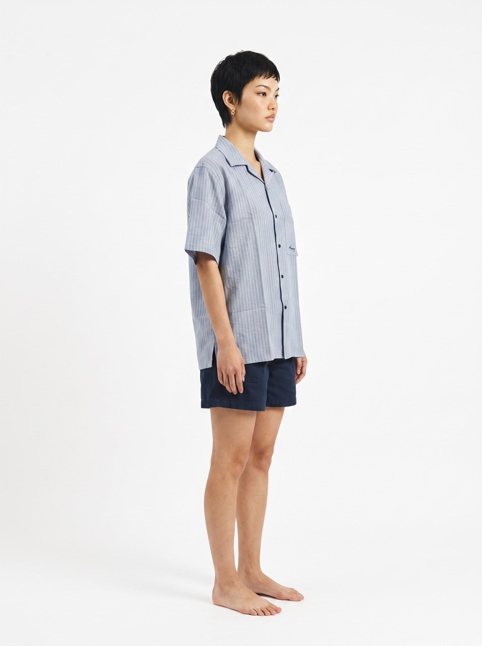 Sky Blue Yarn-Dyed Stripe Cotton Cuban Collar Shirt