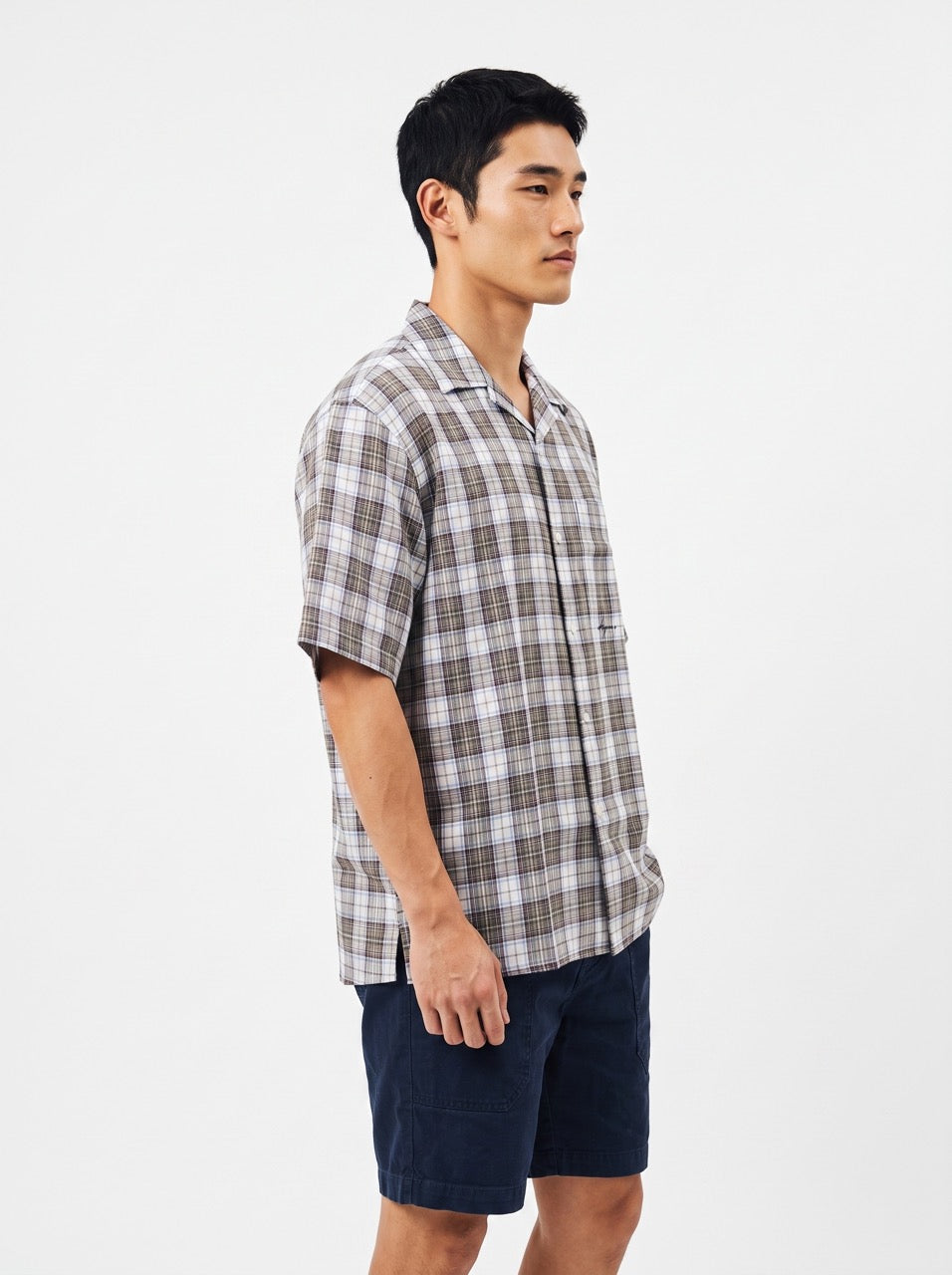 Brown Plaid Cotton Cuban Collar Shirt
