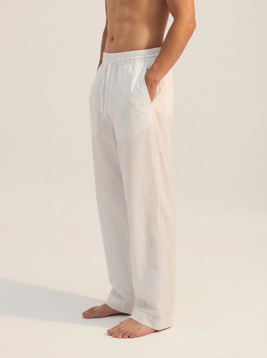 White & Light Blue Striped Cotton Lounge Trousers