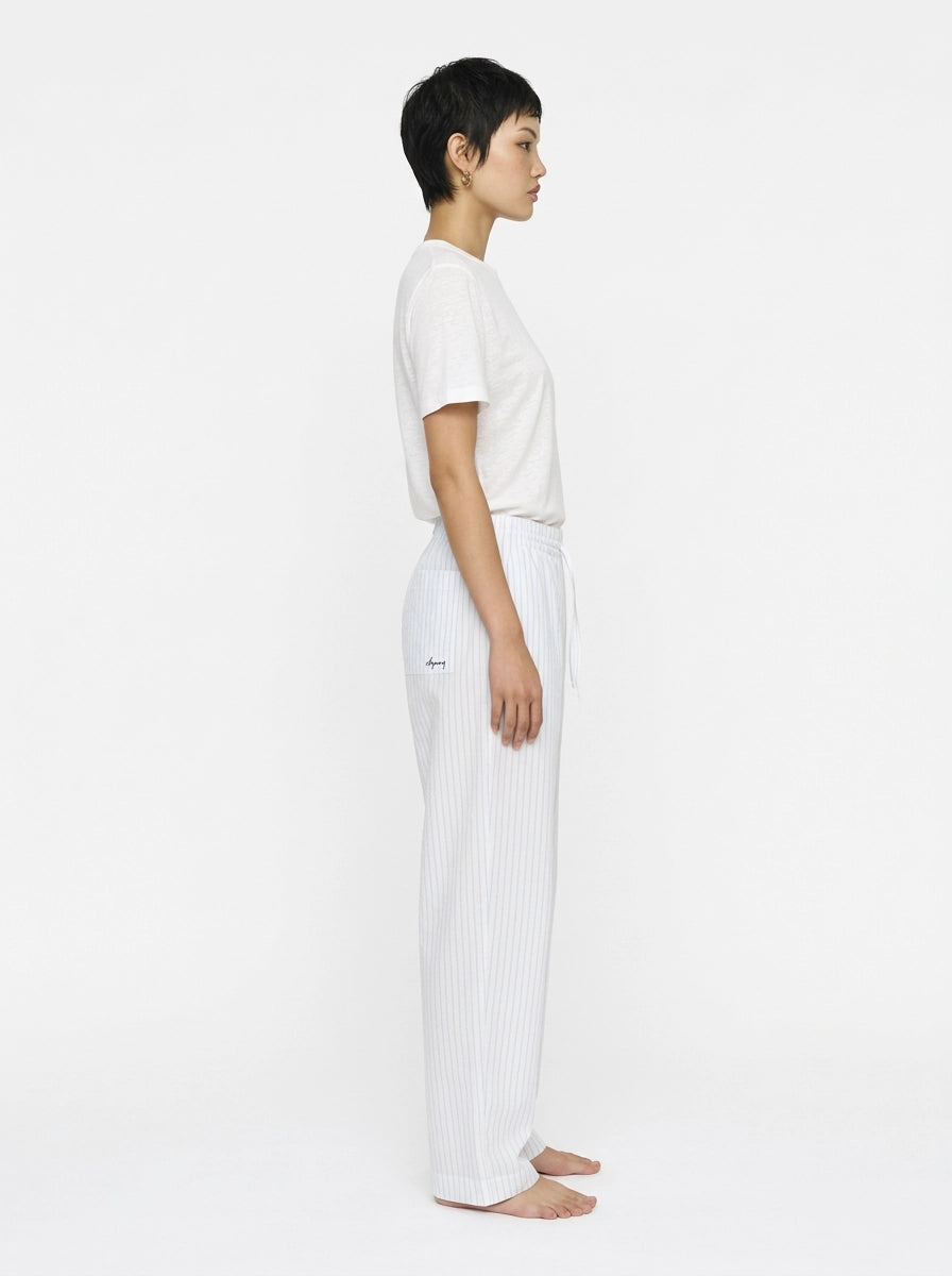 White & Light Blue Striped Cotton Lounge Trousers