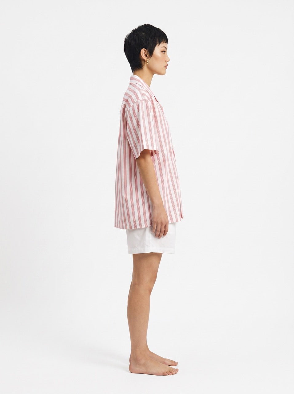 Red Stripe Yarn-Dyed Cotton Cuban Collar Shirt