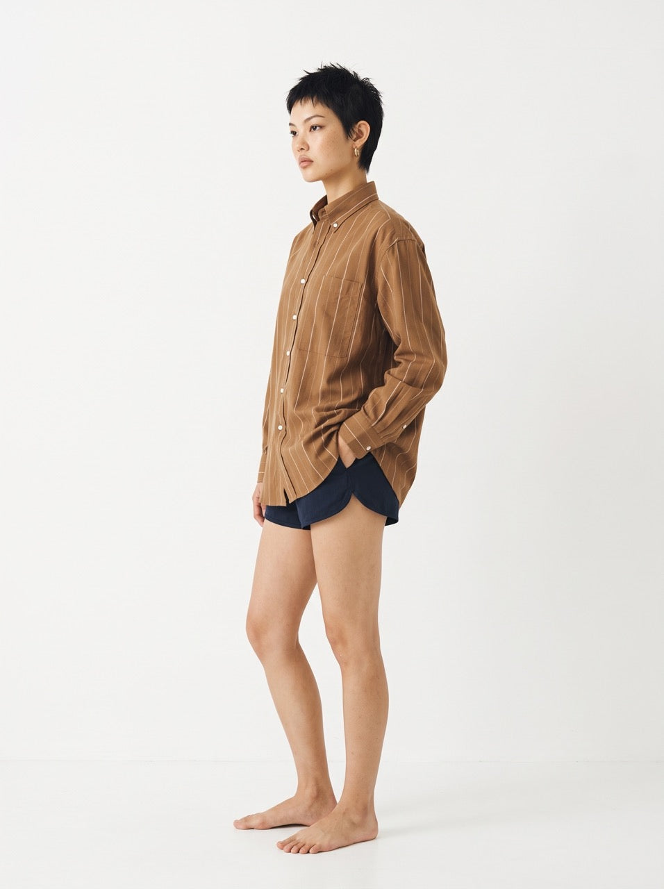 Brown & White Yarn-Dyed Linen-Cotton Stripe Button-Down Shirt