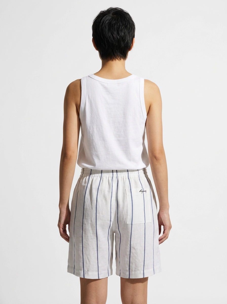 White & Blue Striped Linen Shorts