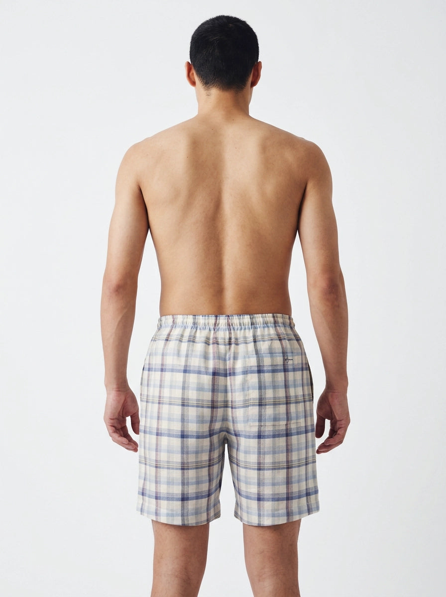 Blue & Beige Plaid Cotton Shorts