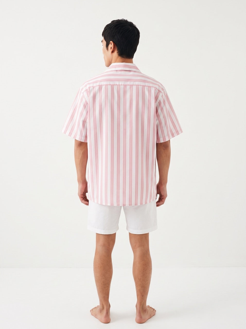 Red Stripe Yarn-Dyed Cotton Cuban Collar Shirt