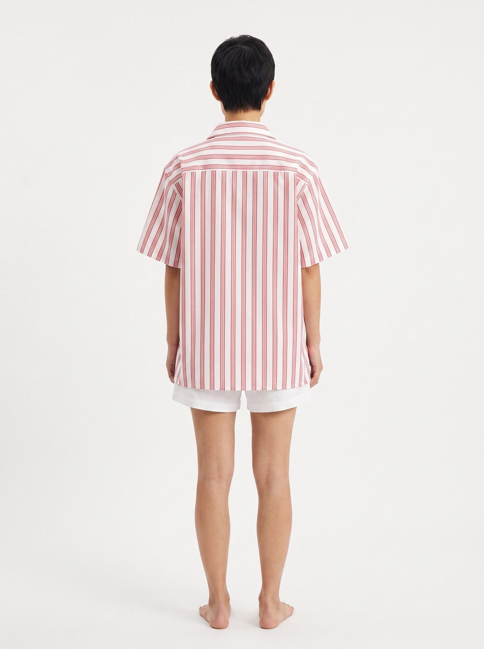 Red Stripe Yarn-Dyed Cotton Cuban Collar Shirt