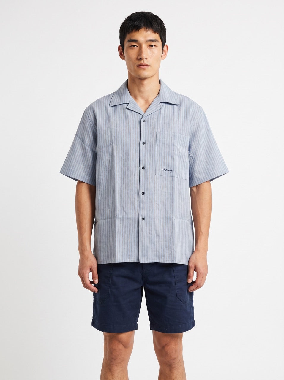 Sky Blue Yarn-Dyed Stripe Cotton Cuban Collar Shirt