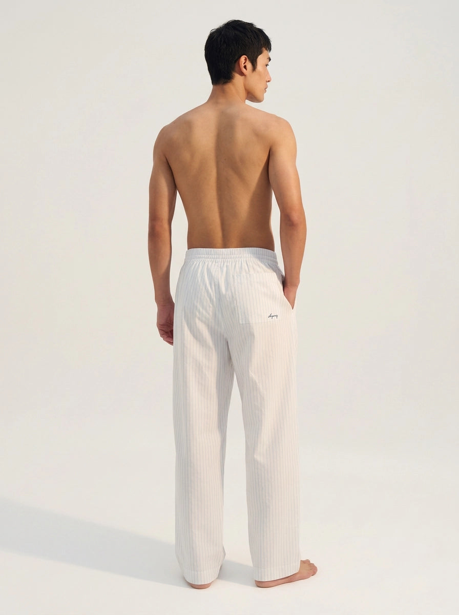 White & Light Blue Striped Cotton Lounge Trousers