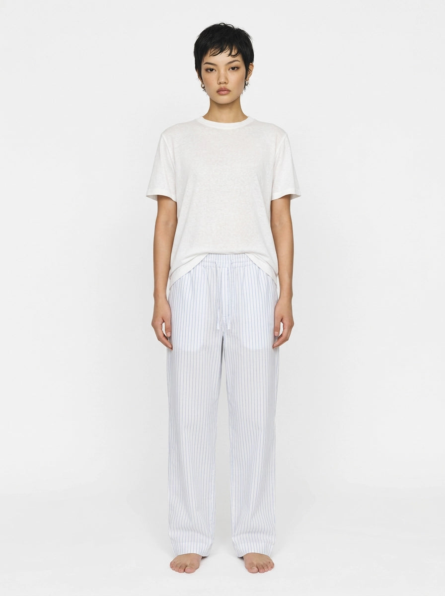 White & Light Blue Striped Cotton Lounge Trousers